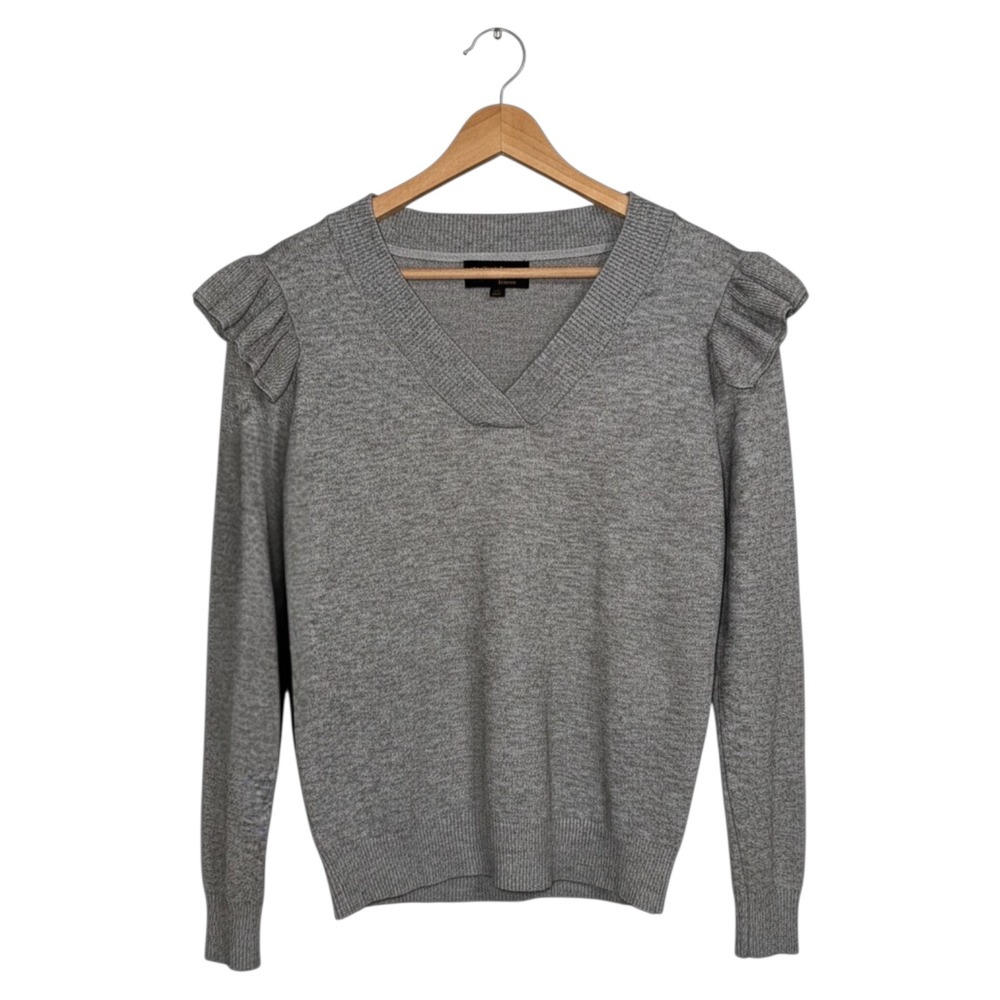 Truth by Republic Womens Gray V-Neck Ruffle Shoulder Knit Sweater Large